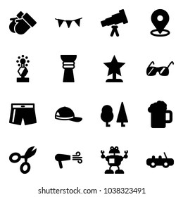Solid vector icon set - gloves vector, flag garland, telescope, map pin, award, sunglasses, swimsuit, cap, forest, beer, scissors, dryer, robot, toy car