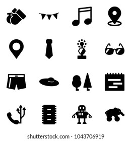 Solid vector icon set - gloves vector, flag garland, music, map pin, tie, award, sunglasses, swimsuit, woman hat, forest, terms plan, phone, chip, robot, elephant wheel