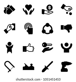 Solid vector icon set - gloves vector, heart care, investment, cash pay, hand cursor, social, dislike, success, finger up, key, fretsaw, jointer, clinch, drill