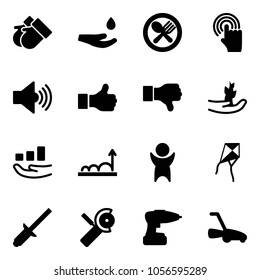 Solid vector icon set - gloves vector, drop hand, fork spoon plate, cursor, volume max, like, dislike, sproute, growth, success, kite, clinch, Angular grinder, drill, lawn mower