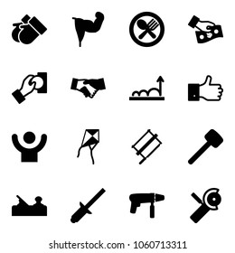 Solid vector icon set - gloves vector, power hand, fork spoon plate, cash pay, agreement, growth, finger up, success, kite, bucksaw, rubber hammer, jointer, clinch, drill machine, Angular grinder
