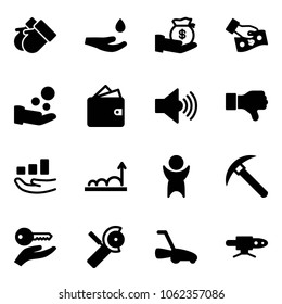 Solid vector icon set - gloves vector, drop hand, investment, cash pay, wallet, volume max, dislike, growth, success, rock axe, key, Angular grinder, lawn mower, pipe welding