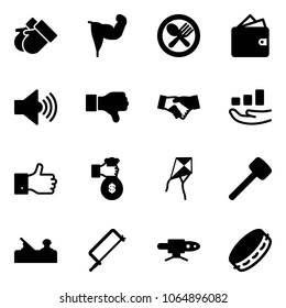 Solid vector icon set - gloves vector, power hand, fork spoon plate, wallet, volume max, dislike, agreement, growth, finger up, rich, kite, rubber hammer, jointer, metal hacksaw, pipe welding