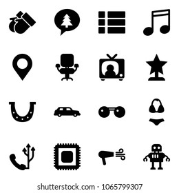 Solid vector icon set - gloves vector, merry christmas message, menu, music, map pin, office chair, tv news, award, luck, limousine, sunglasses, swimsuit, phone, cpu, dryer, robot