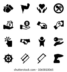 Solid vector icon set - gloves vector, power hand, heart care, fork spoon plate, investment, card pay, cash, touch, agreement, success, key, wheel, bucksaw, metal hacksaw, drill