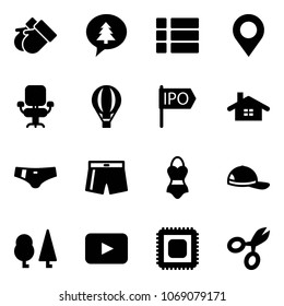 Solid vector icon set - gloves vector, merry christmas message, menu, map pin, office chair, air balloon, ipo, home, swimsuit, cap, forest, playback, cpu, scissors