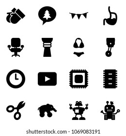 Solid vector icon set - gloves vector, merry christmas message, flag garland, stomach, office chair, award, swimsuit, piston, clock, playback, cpu, chip, scissors, elephant wheel, robot