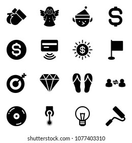 Solid vector icon set - gloves vector, angel, christmas elf, dollar sign, coin, tap pay, sun, flag, target, diamond, flip flops, information exchange, cd, laser, bulb, paint roller