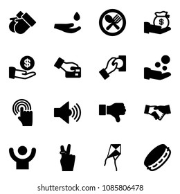 Solid vector icon set - gloves vector, drop hand, fork spoon plate, investment, card pay, cash, cursor, volume max, dislike, agreement, success, victory, kite, tambourine