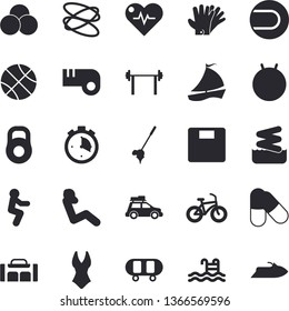 Solid vector icon set - gloves flat vector, sailboat, barbell, weight, skateboard, basketball, heartbeat, weighing machine, bicycle, stopwatch, tennis ball, fitball, swimsuit, pills, squats, pool