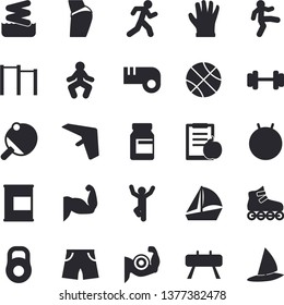 Solid vector icon set - gloves flat vector, sailboat, dumbbell, weight, basketball, diet, muscles, buttocks, vitamins, parallel bars, sports equipment horse, athletic shorts, fitball, roller Skates