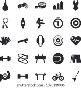 Solid vector icon set - gloves flat vector, dumbbell, barbell, medal, heartbeat, achievement chart, centimeter, muscles, bicycle, skipping rope, sports equipment horse, pear, athletic shorts, target