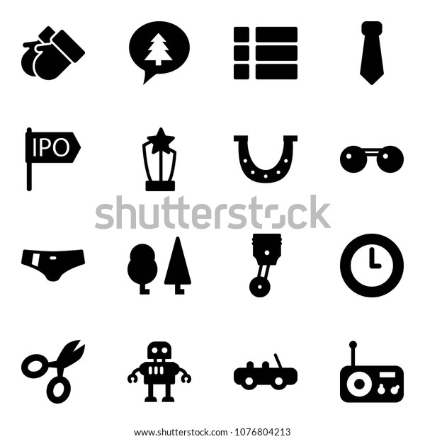 Solid vector icon set -
gloves vector, merry christmas message, menu, tie, ipo, award,
luck, sunglasses, swimsuit, forest, piston, clock, scissors, robot,
toy car, radio