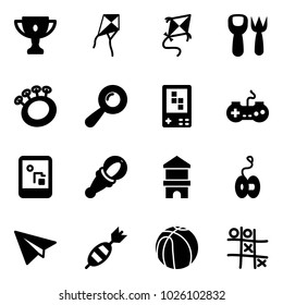 Solid vector icon set - gold cup vector, kite, shovel fork toy, beanbag, game console, gamepad, block house, yoyo, paper plane, dart, basketball, Tic tac toe