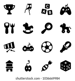 Solid vector icon set - gold cup vector, kite, abc cube, joystick, shovel fork toy, rocking horse, beanbag, wheel, xylophone, gamepad, soccer ball, block house, yoyo, dart, bones