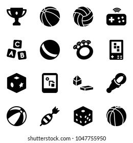 Solid vector icon set - gold cup vector, ball, volleyball, joystick wireless, abc cube, beanbag, game console, toy, constructor blocks, beach, dart, bones, basketball