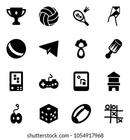 Solid vector icon set - gold cup vector, volleyball, badminton, kite, ball, paper plane, beanbag, game console, gamepad, toy block house, yoyo, bones, football, Tic tac toe