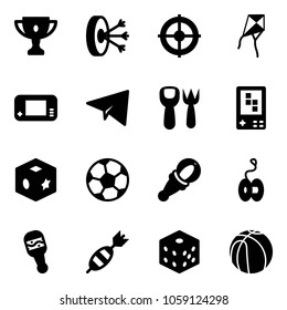 Solid vector icon set - gold cup vector, solution, target, kite, game console, paper plane, shovel fork toy, cube, soccer ball, beanbag, yoyo, dart, bones, basketball