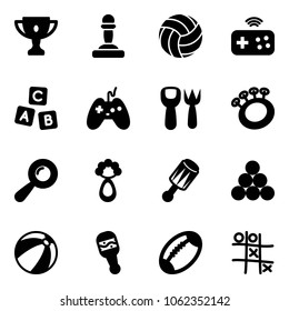 Solid vector icon set - gold cup vector, pawn, volleyball, joystick wireless, abc cube, shovel fork toy, beanbag, billiards balls, beach ball, football, Tic tac toe