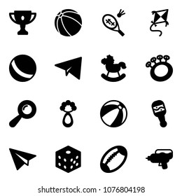 Solid Vector Icon Set - Gold Cup Vector, Ball, Badminton, Kite, Paper Plane, Rocking Horse, Beanbag, Beach, Bones, Football, Water Gun