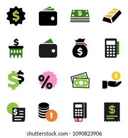 solid vector icon set - gold ingot vector, wallet, money bag, investment, coin stack, bank building, dollar medal, sign, receipt, cash, percent, card reader