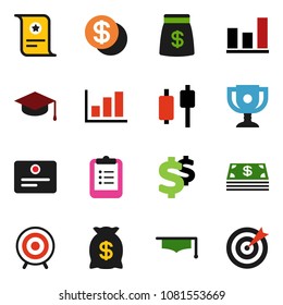 solid vector icon set - graduate hat vector, clipboard, award cup, certificate, graph, japanese candle, dollar sign, target, coin, cash, money bag