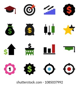 solid vector icon set - graduate hat vector, graph, japanese candle, money bag, dollar growth, bank building, target, medal, stairways run, favorites