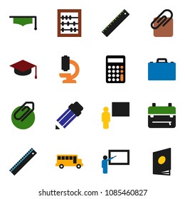 solid vector icon set - graduate hat vector, pencil, blackboard, ruler, case, backpack, school bus, abacus, calculator, microscope, attachment, catalog