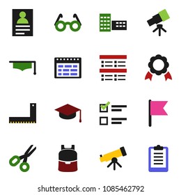 solid vector icon set - graduate hat vector, school building, corner ruler, glasses, backpack, telescope, schedule, medal, scissors, personal information, flag, exam, clipboard