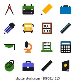 solid vector icon set - graduate hat vector, pencil, ruler, drawing compass, case, backpack, school bus, abacus, calculator, microscope, attachment, catalog