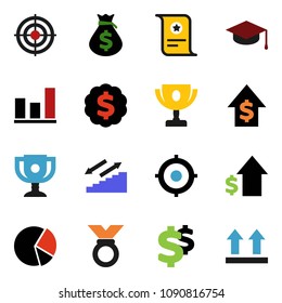 solid vector icon set - graduate hat vector, award cup, certificate, graph, pie, money bag, dollar growth, target, medal, sign, stairways run, top