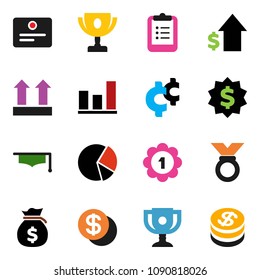 solid vector icon set - graduate hat vector, clipboard, award cup, certificate, graph, pie, money bag, dollar growth, medal, cent sign, top, coin