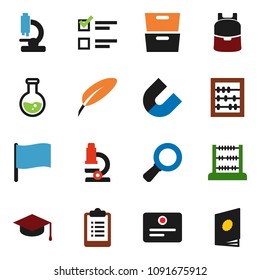 solid vector icon set - graduate hat vector, pen, backpack, microscope, certificate, magnet, abacus, archive, flag, magnifier, flask, exam, clipboard, catalog