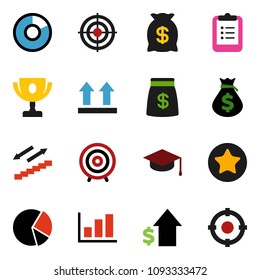 solid vector icon set - graduate hat vector, clipboard, award cup, graph, pie, money bag, dollar growth, target, stairways run, top sign, favorites