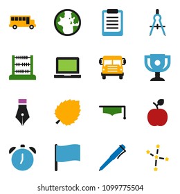 solid vector icon set - graduate hat vector, pen, drawing compass, apple fruit, notebook pc, alarm clock, clipboard, award cup, school bus, abacus, world, flag, leaf, constellation