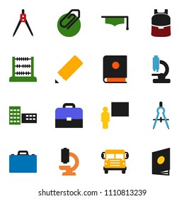 solid vector icon set - graduate hat vector, pencil, school building, blackboard, drawing compass, case, backpack, bus, abacus, microscope, attachment, catalog
