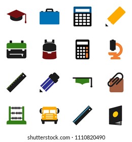 solid vector icon set - graduate hat vector, pencil, ruler, case, backpack, school bus, abacus, calculator, microscope, attachment, catalog