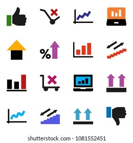 solid vector icon set - graph vector, laptop, percent growth, arrow up, stairways run, top sign, no trolley, finger, down