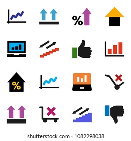 solid vector icon set - graph vector, laptop, percent growth, arrow up, stairways run, top sign, no trolley, finger, down