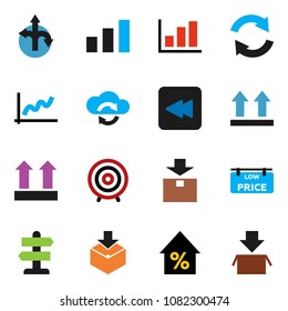 solid vector icon set - graph vector, percent growth, target, route, signpost, top sign, package, sorting, backward button, cloud exchange, refresh, low price signboard