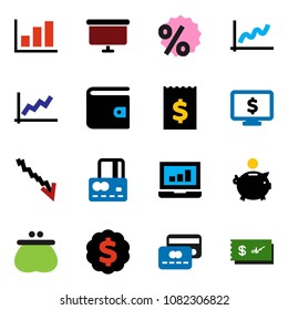 solid vector icon set - graph vector, laptop, credit card, wallet, crisis, piggy bank, receipt, presentation board, dollar medal, monitor, percent, check