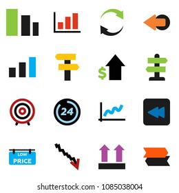 solid vector icon set - graph vector, crisis, dollar growth, target, signpost, top sign, sorting, backward button, arrow, refresh, low price signboard, 24 hour