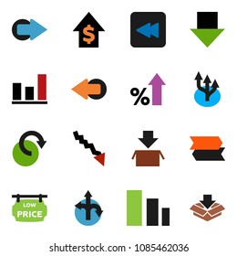 solid vector icon set - graph vector, crisis, percent growth, dollar, arrow down, route, sorting, backward button, redo, low price signboard, signpost, package