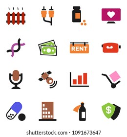solid vector icon set - graph vector, pills vial, heart monitor, money, cargo, satellitie, video camera, microphone, rca, dna, potion, rent signboard, heating, building, dollar shield