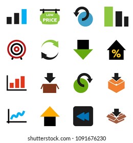 solid vector icon set - graph vector, percent growth, target, arrow down, up, package, sorting, backward button, refresh, redo, undo, low price signboard