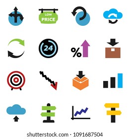 solid vector icon set - graph vector, crisis, percent growth, target, route, signpost, package, sorting, cloud exchange, refresh, undo, upload, low price signboard, 24 hour