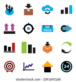 solid vector icon set - graph vector, target, arrow up, top sign, package, sorting, cloud exchange, refresh, route, low price signboard, 24 hour