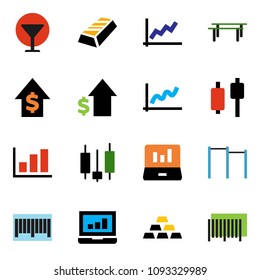 solid vector icon set - graph vector, gold ingot, japanese candle, laptop, dollar growth, horizontal bar, glass, barcode
