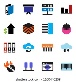 solid vector icon set - graph vector, dollar growth, binder, presentation board, music hit, server, network, cloud exchange, big data, browser, hub, lan connector, barcode