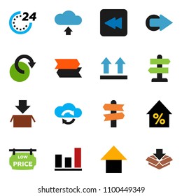 solid vector icon set - graph vector, percent growth, arrow up, signpost, top sign, backward button, cloud exchange, redo, upload, low price signboard, 24 hour, package